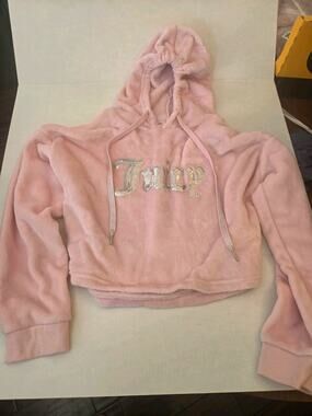 Juicy Couture Sleepwear Pink Velour Hooded Rhinestone Logo Pajama Top L